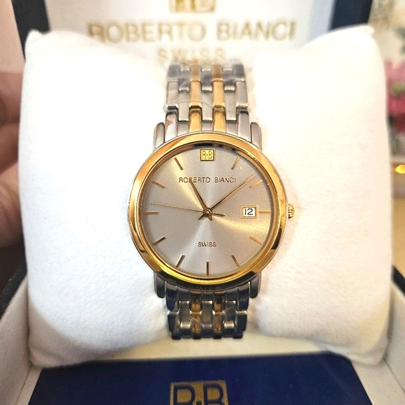 Roberto Bianci Swiss Water Resistant Silver & Gold Link 35mm Watch In Box NWT - Picture 3 of 10